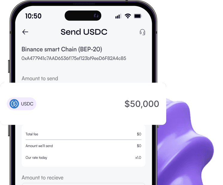 Pleep app showing a Send USDC transaction for $50,000