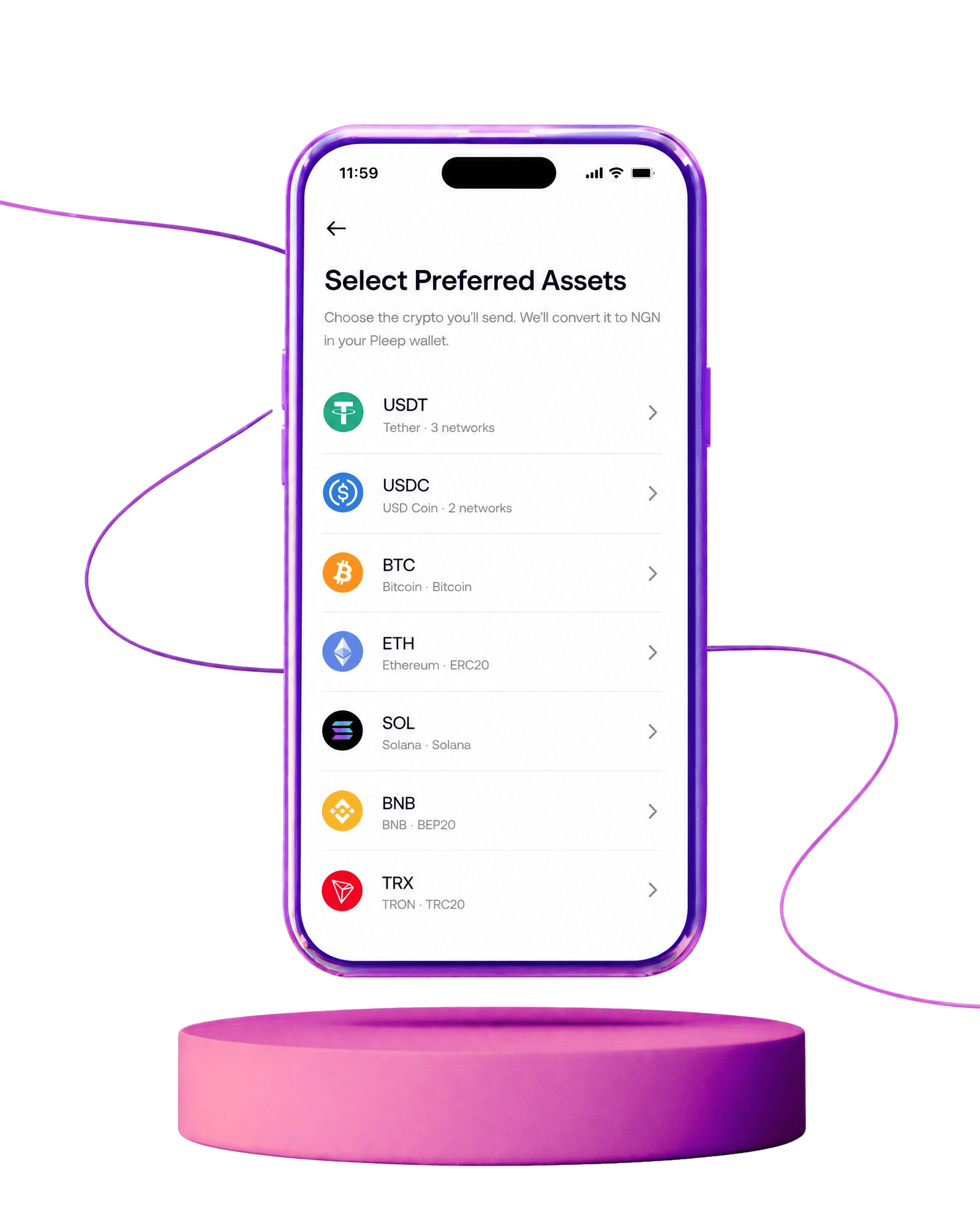 Pleep app showing Select Preferred Assets screen for crypto conversion to NGN